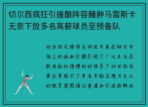 切尔西疯狂引援酿阵容臃肿马雷斯卡无奈下放多名高薪球员至预备队